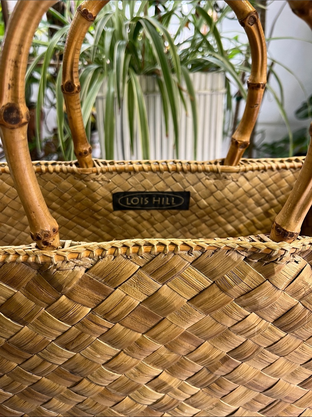 Lois Hill Natural Tan Woven Tote with Bamboo Handles Vintage